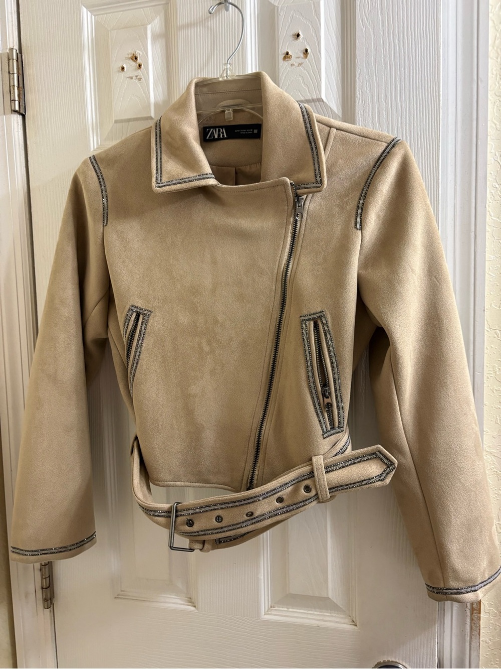 Women's Zara Beige Faux Suede Belted Jacket - Picture 7 of 17